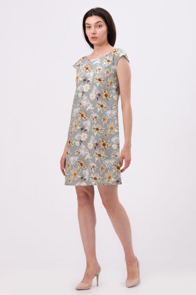 Світло-сіра лляна сукня з флористичним принтом 5702