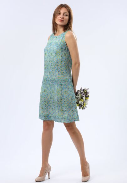 Лляна синьо-бірюзова сукня міні з кишенями 5745