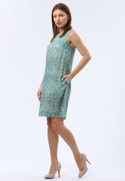 Лляна синьо-бірюзова сукня міні з кишенями 5745