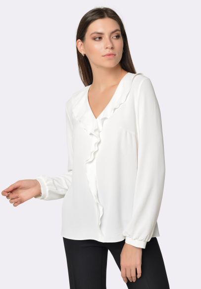 Перлинно-біла блуза з декоративним воланом 1264