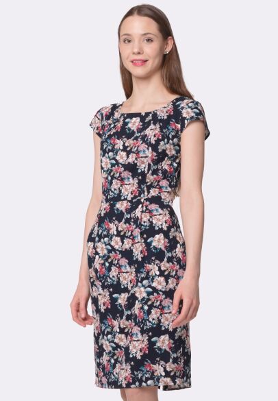 Літня синя сукня зі стрейч льону з квітчастим принтом 5645