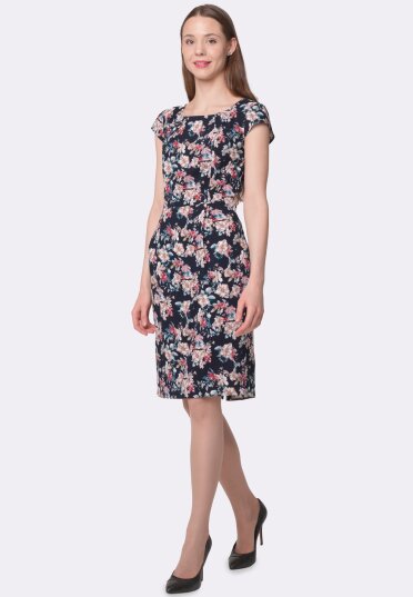 Летнее синее платье из стрейч льна с цветочным принтом 5645