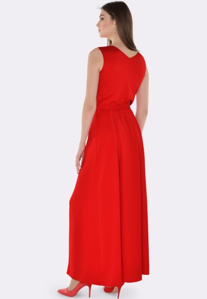 Красное платье макси из шелка жатка 5584