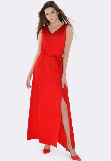 Червона сукня максі з шовку жатка 5584