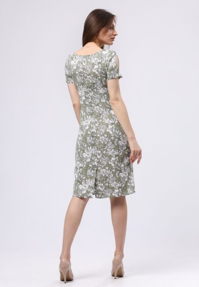 Оливкова сукня з квітковим малюнком зі стрейч льону 5725