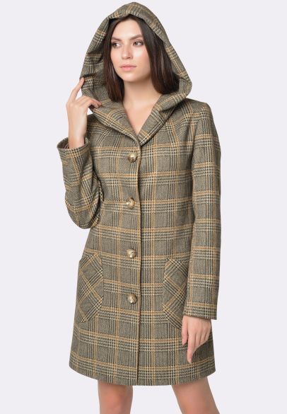 Пальто з вовняної тканини з капюшоном в клітинку 4402