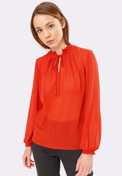 Блуза з напівпрозорого шифону червона в горошок з коміром-стійкою 1232к