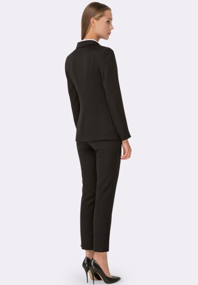 Жакет чорний з напіввовняної костюмної тканини зі вставками з екошкіри 3301