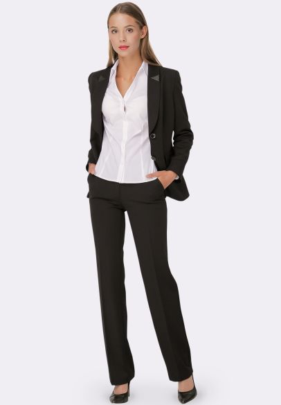 Жакет чорний з напіввовняної костюмної тканини зі вставками з екошкіри 3301