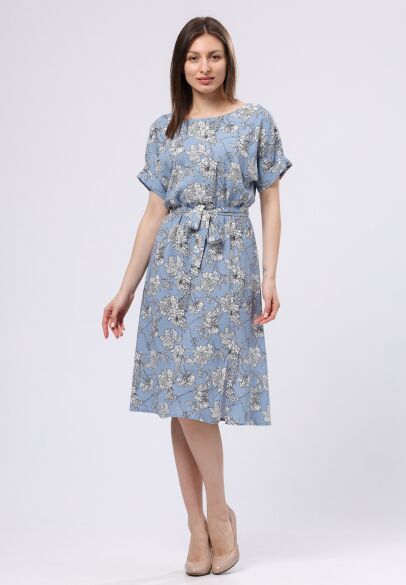 Синьо-блакитна сукня з льону з флористичним принтом 5732