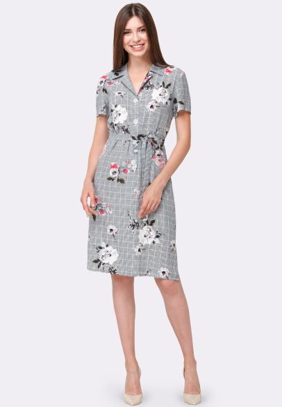 Летнее платье-рубашка с поясом цветочный принт 5539