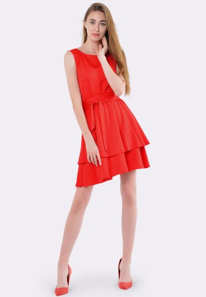 Красное платье с двухъярусной юбкой 5587k