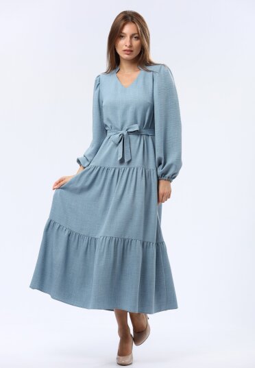 Сіро-блакитна сукня максі з широкою оборкою 5748с