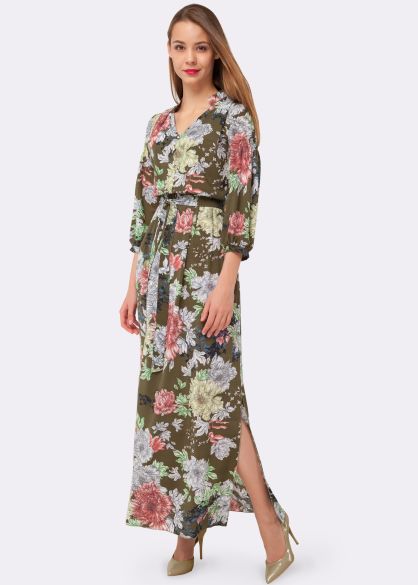 Платье макси шифоновое хаки с цветочным принтом 5484